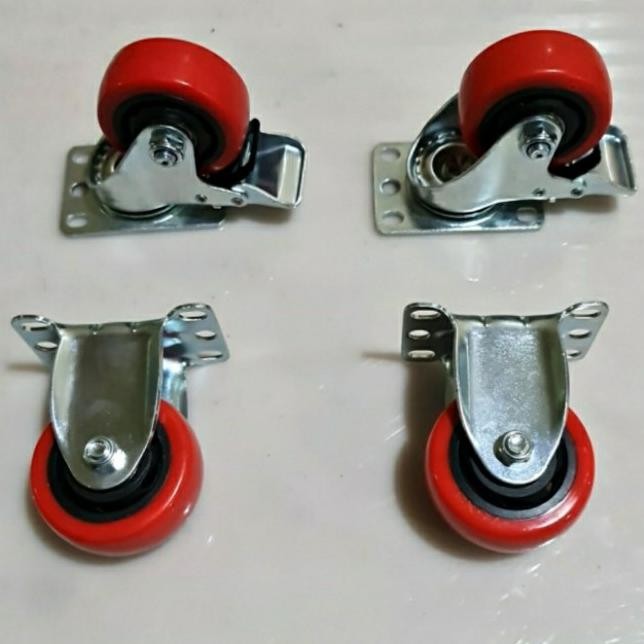 Roda Pu Merah /Roda Gerobak/Roda Troli 4Inch ( 2 Putar Rem 2 Mati 1Set New Stok