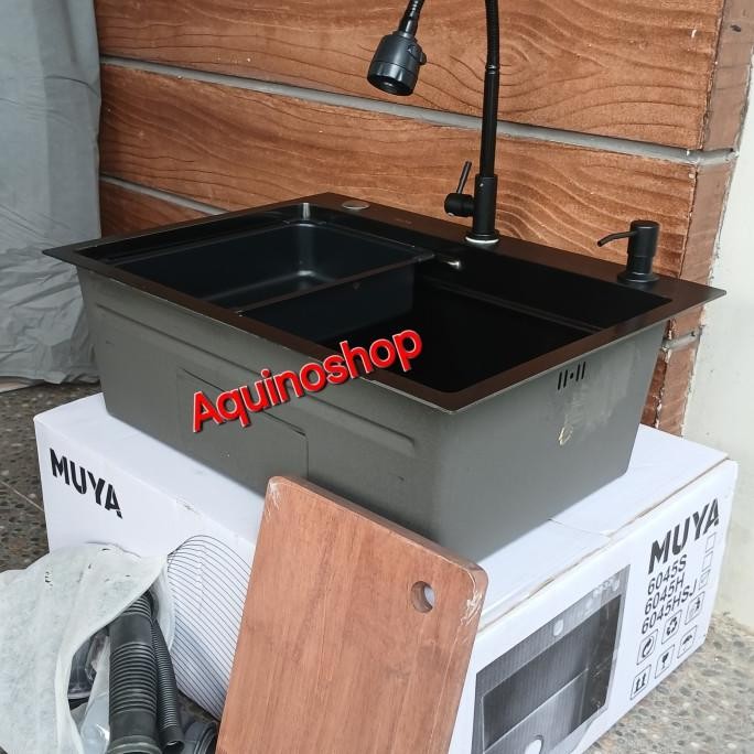 Paket Komplit Bak Cuci Piring Muya Kitchen Sink 1 Lubang Stainless Steel Black Ukuran 60Cm45Cm22Cm.P