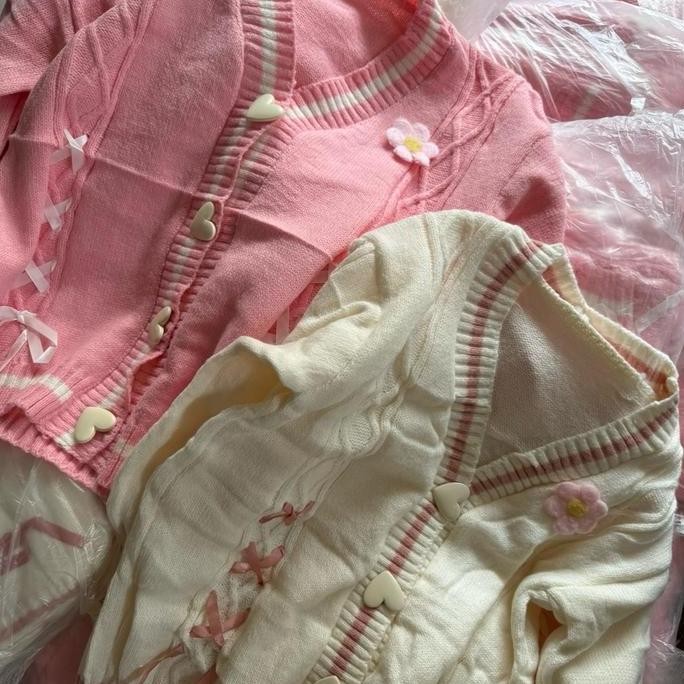 Murah Sweater Rajut Wanita Oversize 304 Cardigan Rajut Jumbo Kancing Love Variasi Pita Kepang