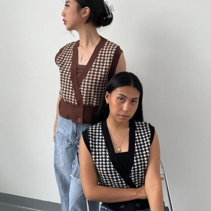 Sale Minola Rompi Atasan Vest Rajut Singlet Corak Hitam Wanita Outer Motif Houndstooth Blazer Tanpa 