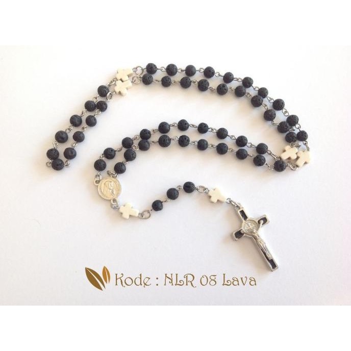 Kalung Rosario Batu Lava 6mm Salib Putih White Marble REZ