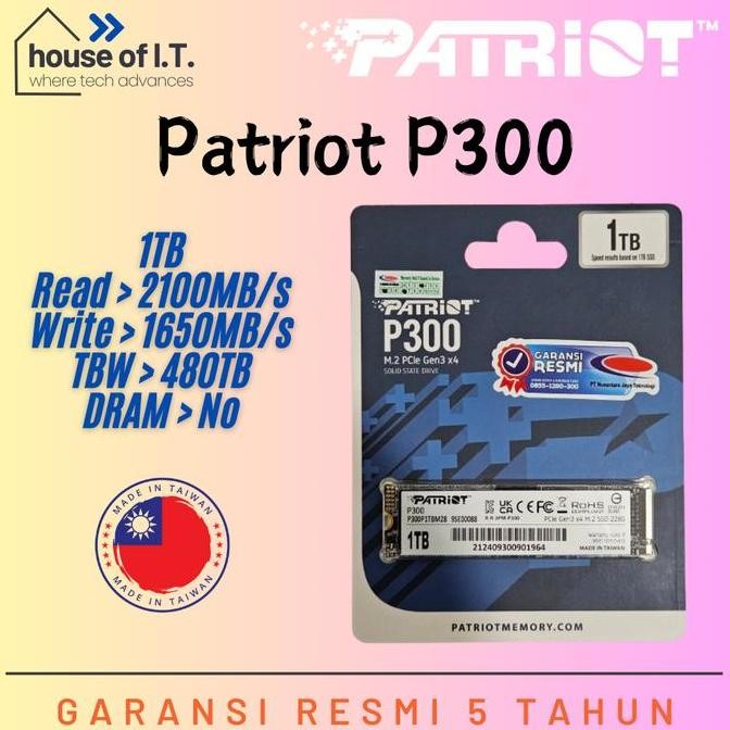 SSD PATRIOT P300 1TB NVME M2 2280 PCIE GEN3 X 4 - SSD 1TB NVME PATRIOT - SSD NVME 1TB 2004T
