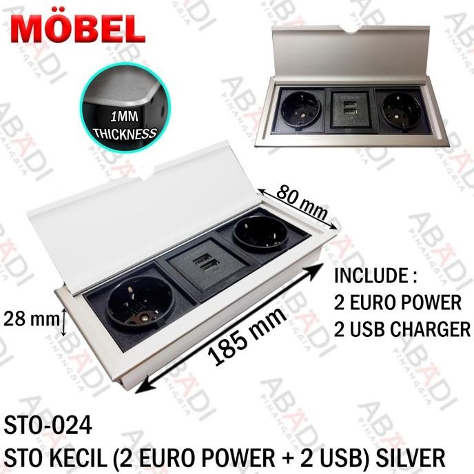 Box Stop Kontak Buka Tutup 2 Euro Power + 2 Usb Silver Meja Tanam New Stok
