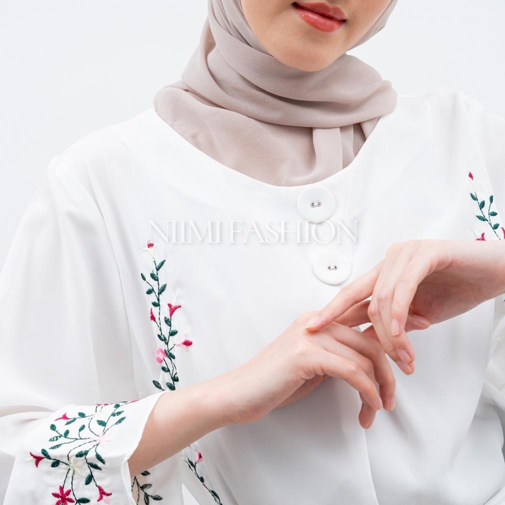 Lij-56 Nimi - Abira Blouse Putih Midi Dres Putih Bordir Premium Atasan Long Tunik Putih Jumbo Bordir