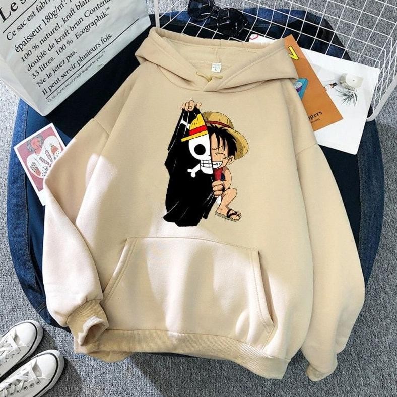 Hoodie Anime Pria & Wanita One Piece Luffy Bendera Hitam