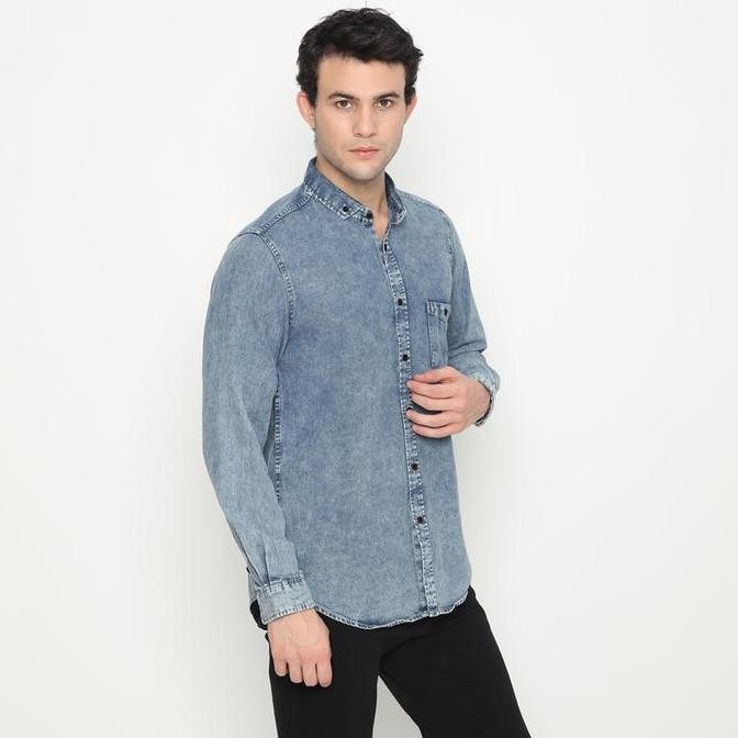 Grosir [Nafazol] Kemeja Denim Jeans Lengan Panjang Kemeja Denim Pria Kemeja Jumbo Denim Casual Katun