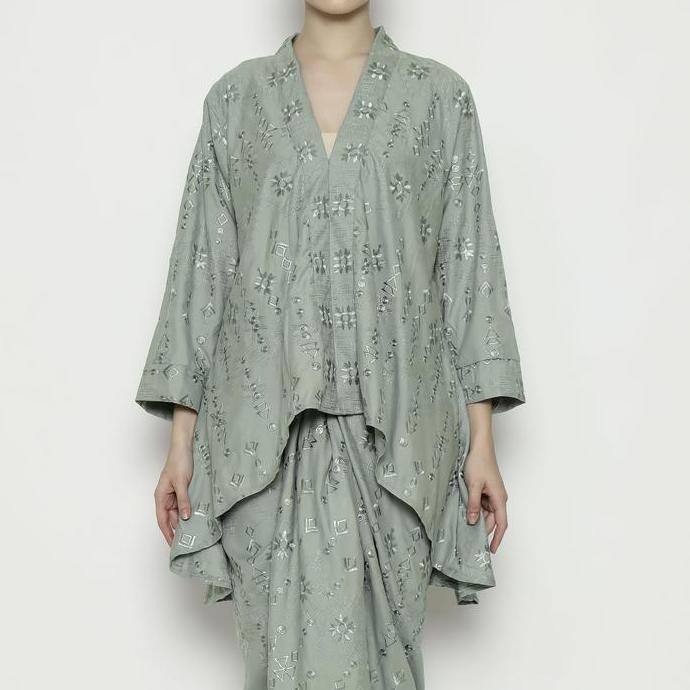 Rinjanie Batik - Set Blouse Kalong Kerah & Rok Lilit - Sage Green - Setelan Wanita - Outfit Lebaran 