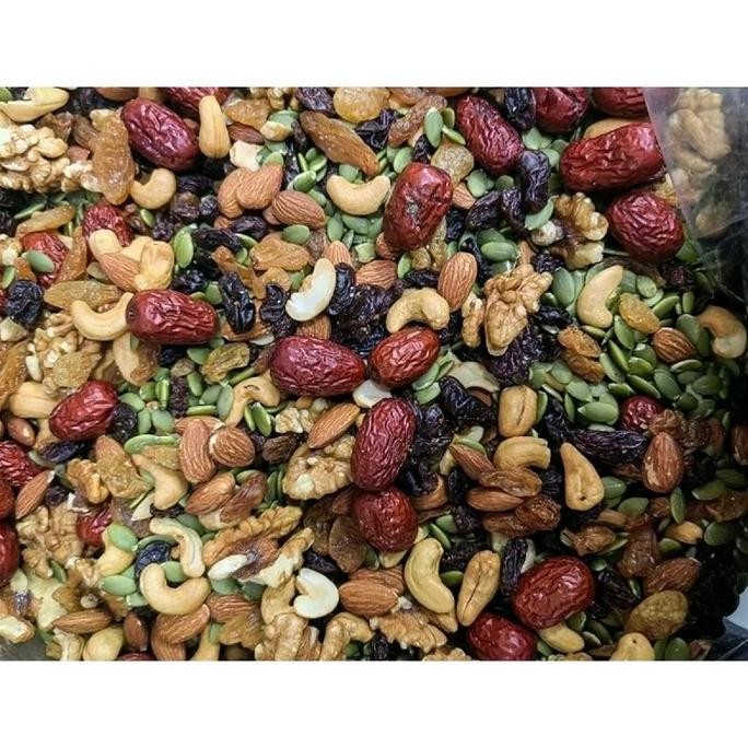 

Murah Trail Mix Komplit Aneka Kacang Campur Untuk Makanan Ringan (Almond, Mede, Kismis Hitam, Kismis Kuning, Pumpkin, Sunflower Seed, Kurma Merah, Walnut) - Food And Snack Camilan Kuaci Kering
