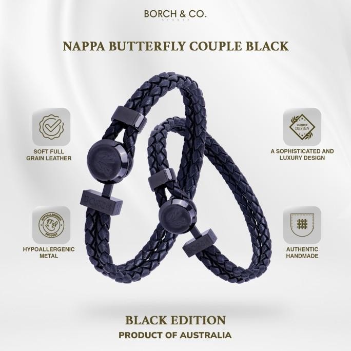 BORCH & CO. Gelang Couple Kulit Pria Wanita - Nappa Butterfly Black,  gelang besi stainless steel WA