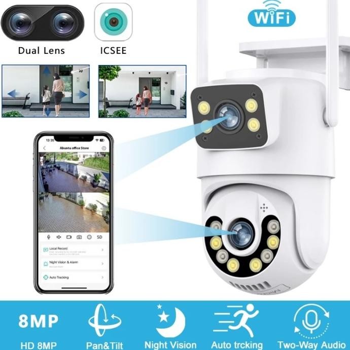 CCTV WIFI ICSEE OUTDOOR/INDOOR DUAL LENSA 8MP DUAL Lights waterproof