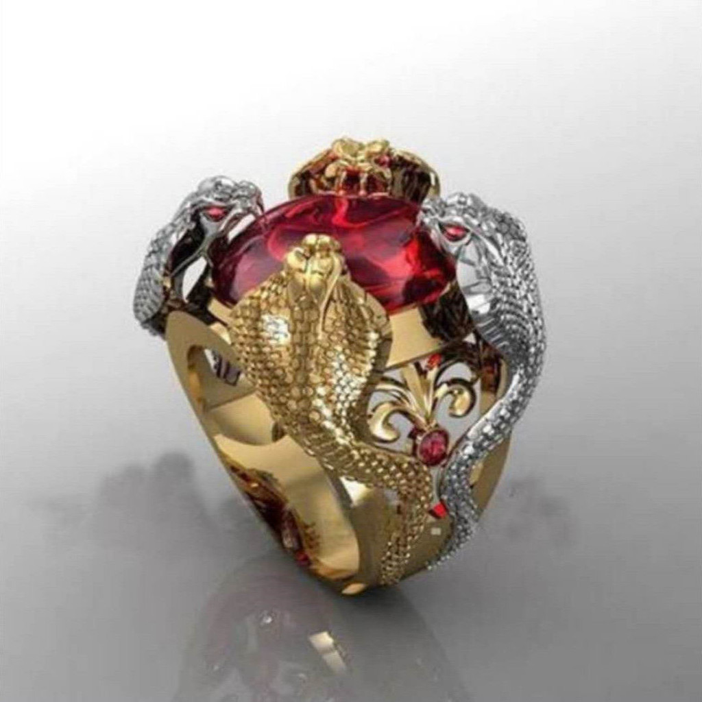 Cincin Pria Vintage Berlapis Emas Vietnam Bentuk Ular Tebal Cincin Punk Hip-Hop Disco Cincin Permata