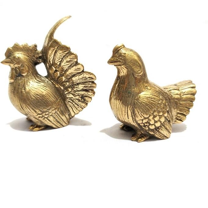 rooster brass vintage mini set| patung sepasang ayam gold kuningan