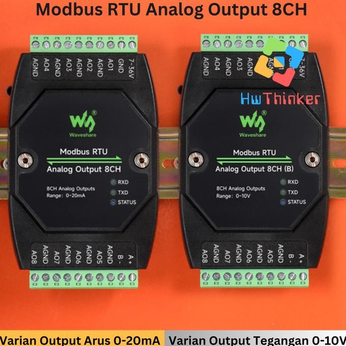 Waveshare Modbus RTU RS485 Analog Output 8CH (B) 8AO Isolated Voltage 0-10 or Current 0-20mA DIN RAI