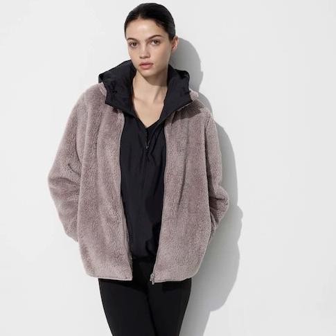 UNIQLO Women Jaket Fluffy Yarn Wanita Fleece Bulu Lembut Brown