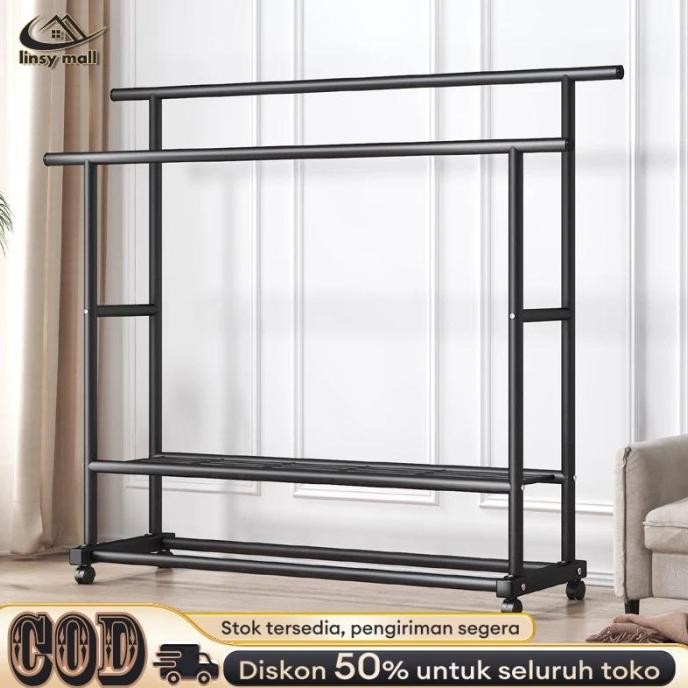 Stand Hanger Double Rak Gantungan Baju Besi Dengan Roda Rak Gantungan Baju 2 Tahap