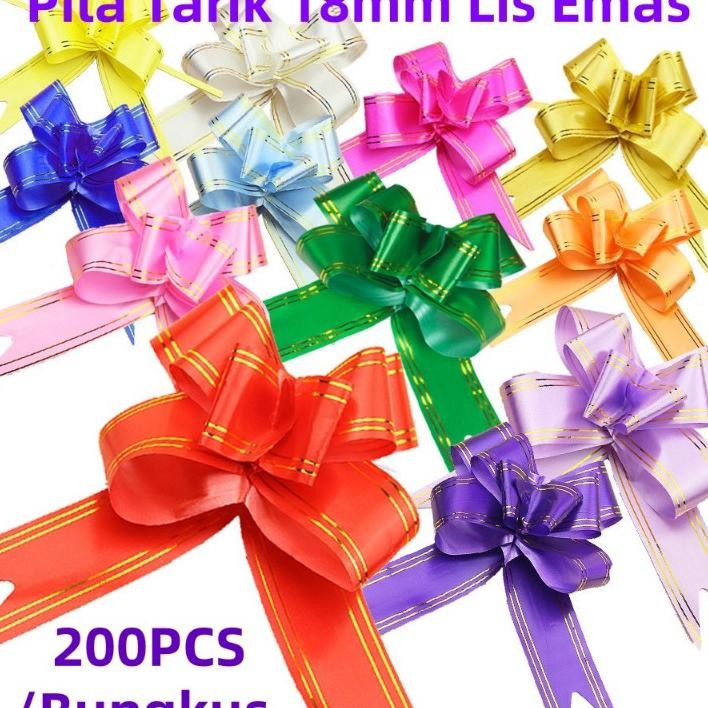 

200 Pc Pita Tari 18Mm Li Ema Erut Bear Hiaan Parcel Ouvenir Pull Flower Ribbon Gold Tripe