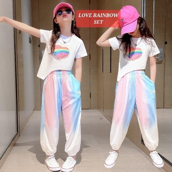 LOVE RAINBOW SET BAJU SETELAN CASUAL ANAK REMAJA CEWEK KOREA IMPORT