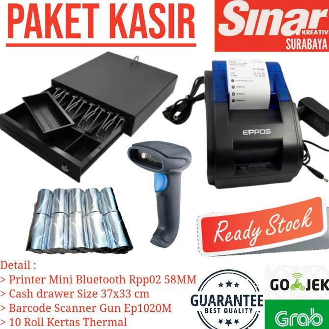 Sale MESIN KASIR : PRINTER BLUETOOTH+CASHDRAWER 37cm+BARE SCAN+10 KERTAS