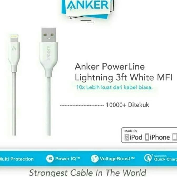 kabel data anker power line lightning iphone 5 6 7 fast charging white termurah