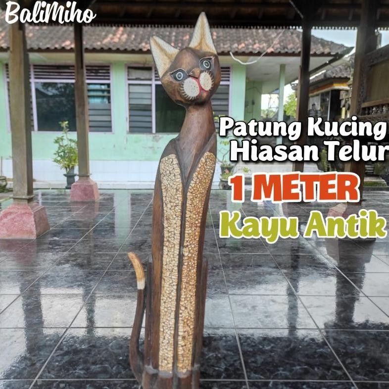 Living Patung Kucing Motif Cangkang Telur 1 Meter/Patung Kucing Kayu/Dekorasi Kucing/Pajangan Kucing