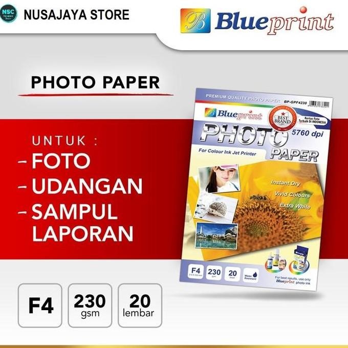 

Kertas Foto / Kertas Glossy / Glossy Paper Blueprint F4 230 Gsm Isi 20Lembar Best Seller