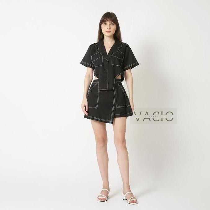 FREYA SHIRT - BLAZER KEMEJA CROP KANTONG POCKET CUT OFF WANITA BAJU KANCING BASIC TOP ATASAN FIT M T