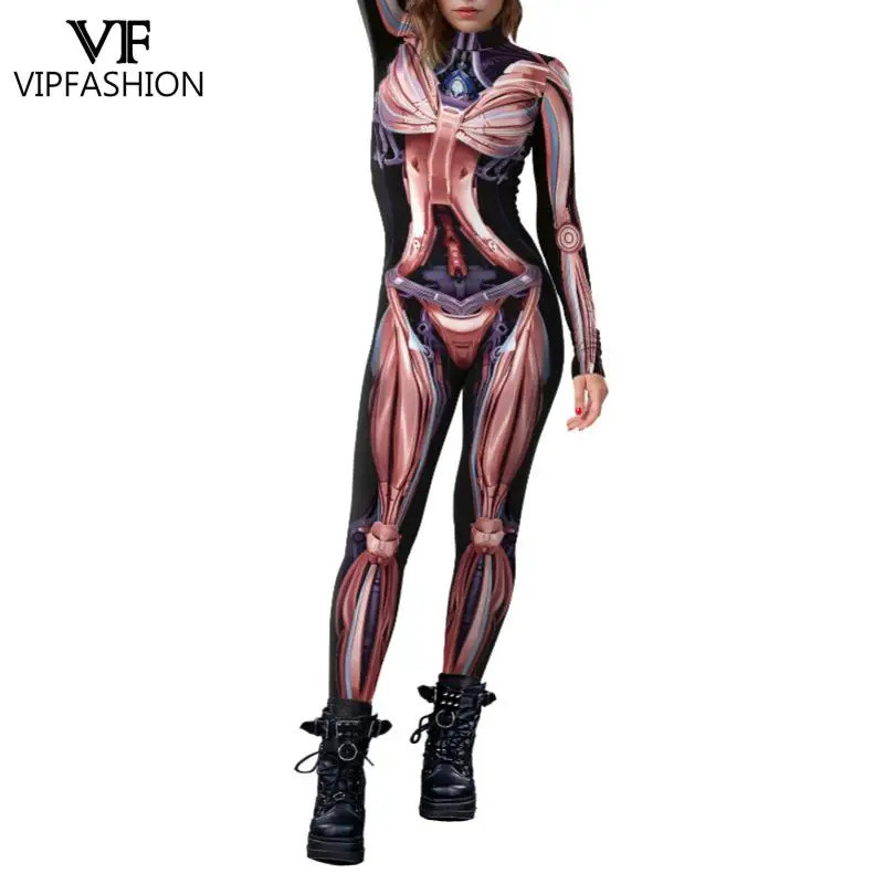 VIP FASHION Woman Punk Costume Robot Skeleton Pattern Jumpsuit Halloween Party Clothes Elastic Sexy 