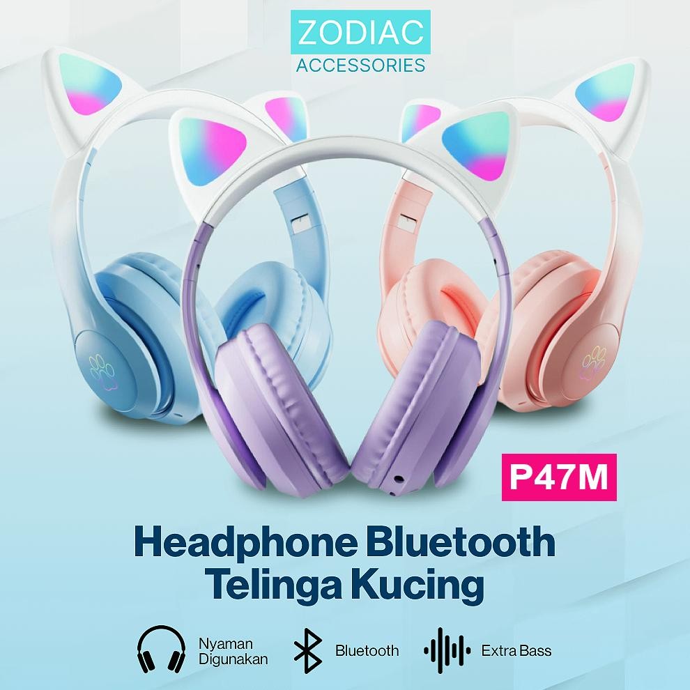 GS (COSMIC) Headphone headset P47 Bando Kucing BLUETOOTH LED CAT EARS MZ-P47