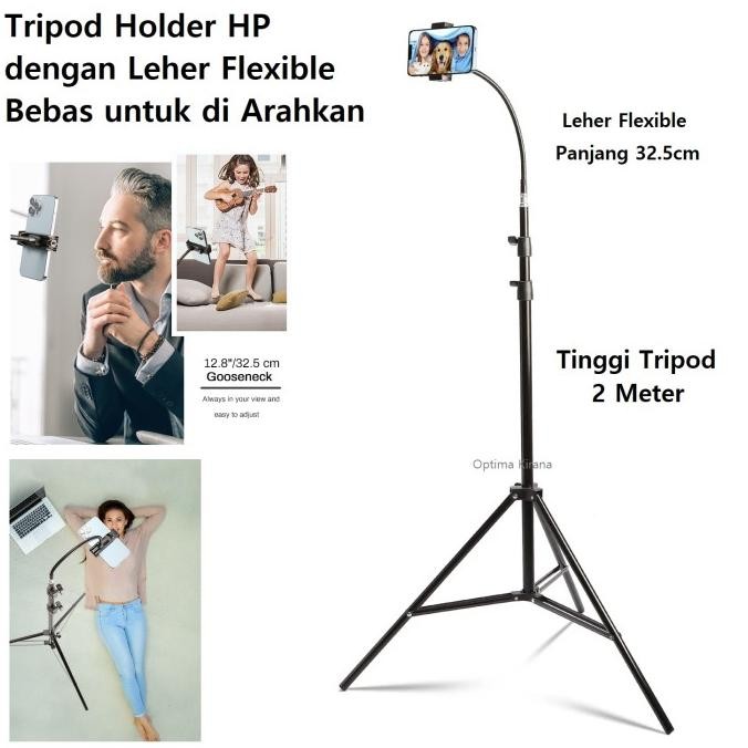 Diskon Tripod HP Holder Klip Handphone 2 Mtr Flexible Leher Tekuk Rotari 360