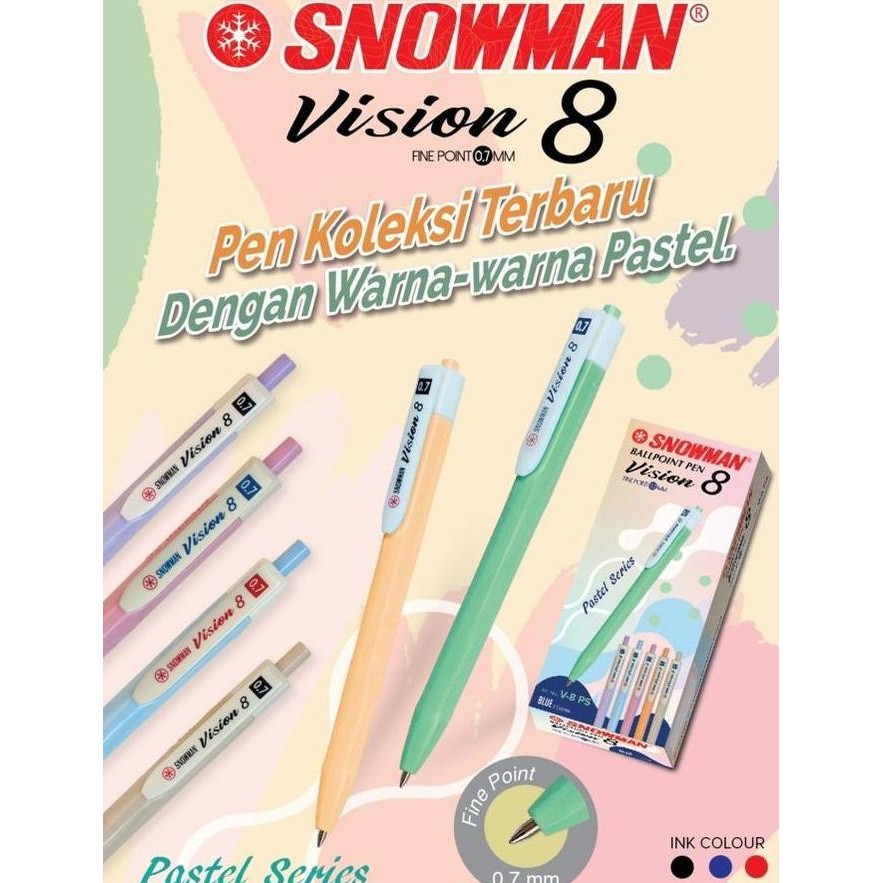 

Tersedia Bolpen Pen Snowman V8 Pastel 0.7Mm / Pulpen Pastel Vision 8 Selusin - Hitam