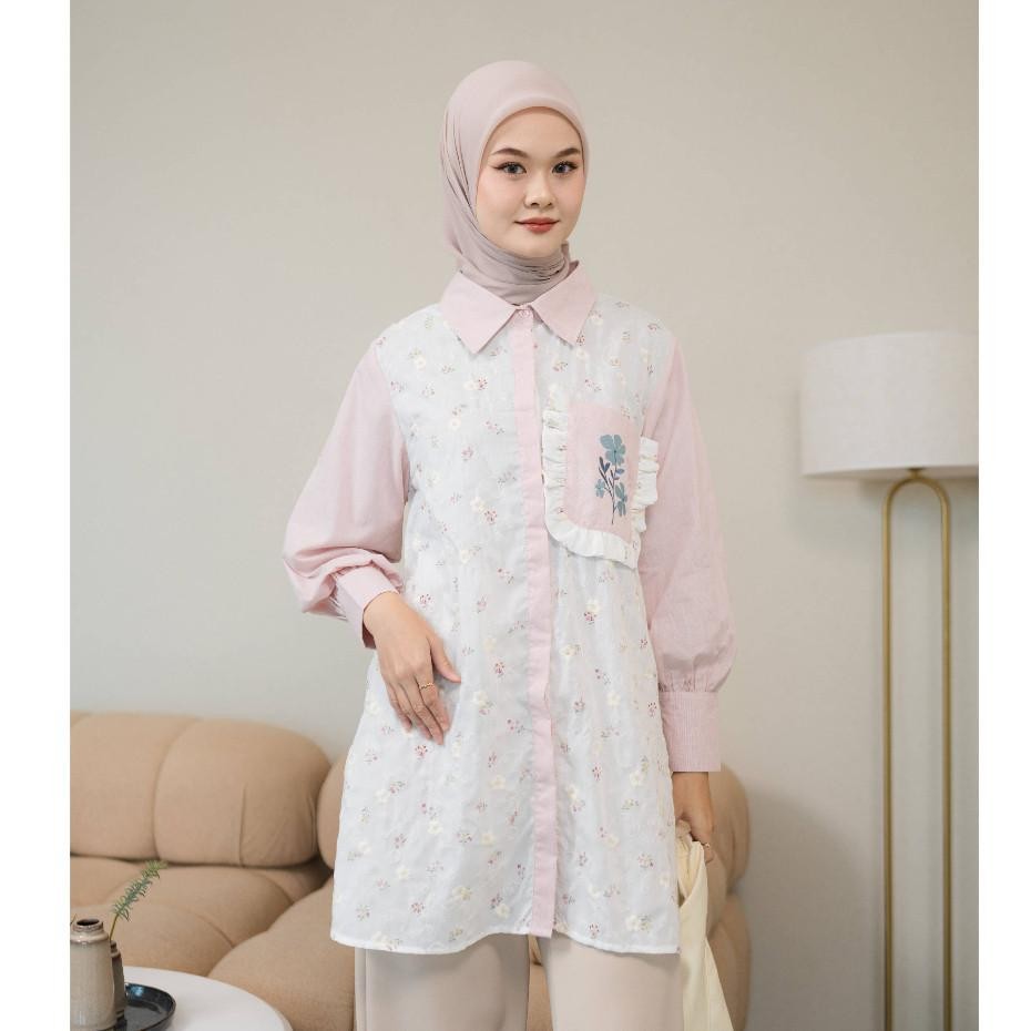 Mayoutfit Ibella Tunic | Tunik Kombinasi Katun Floral Print Bordir Embroidery Saku Ruffle