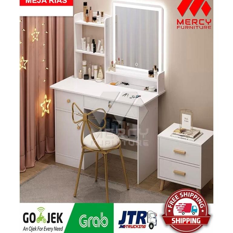 Meja Rias Sliding LED Meja rias Kaca Putih Minimalis