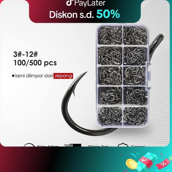 Monqiqi100/500Buah Kait Ikan Baja Karbon Tinggi Ikan Tajam Dari No.3 S/D No.12 1 Set Box Kail Pancin