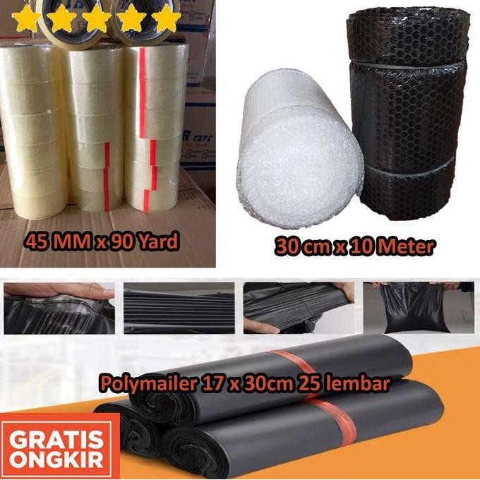 

tersedia paket packing murah (bubble wrap 30cm x 10m - lakban 45mm x 90 yard - polymailer 17 x 30cm 25 lbr)