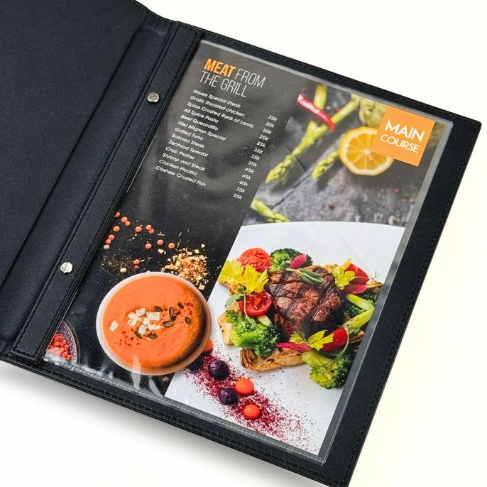

Prazo Buku Menu Kulit ukuran A4 model Jepit Baut - Cafe Restoran Hotel LS