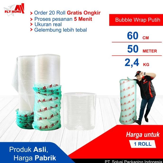 

tersedia flyhome bubble wrap putih potongan 60cm 1 roll besar 2,4kg 60x50meter