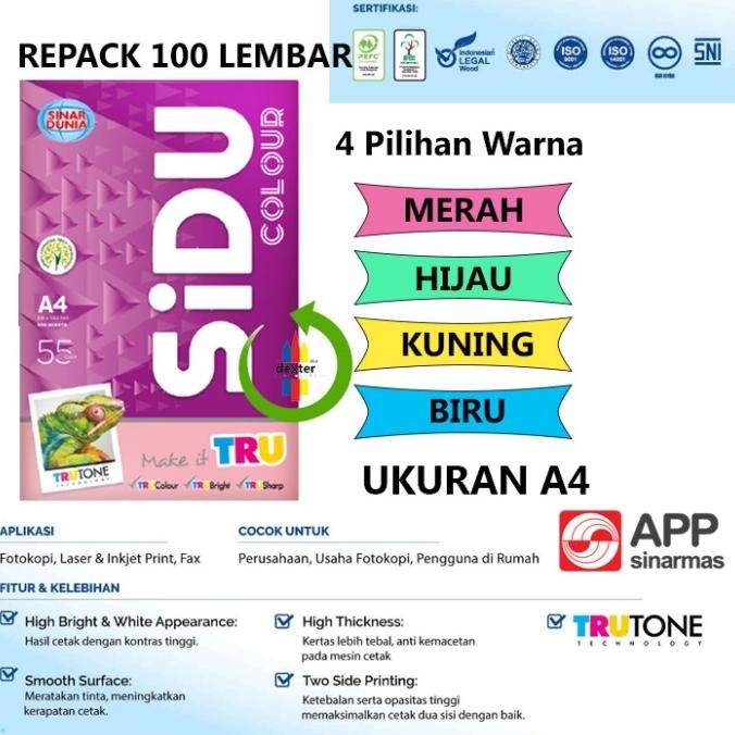

SIDU KERTAS HVS A4 60 GRAM WARNA | KERTAS A4 60GR / 60 GSM REPACKING murah