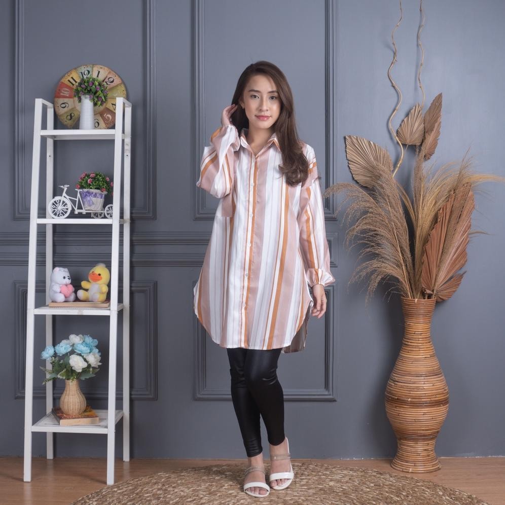Lidya Tunik Wanita Motif Salur / Long Tunik Kancing Tunik Motif Garis Salur