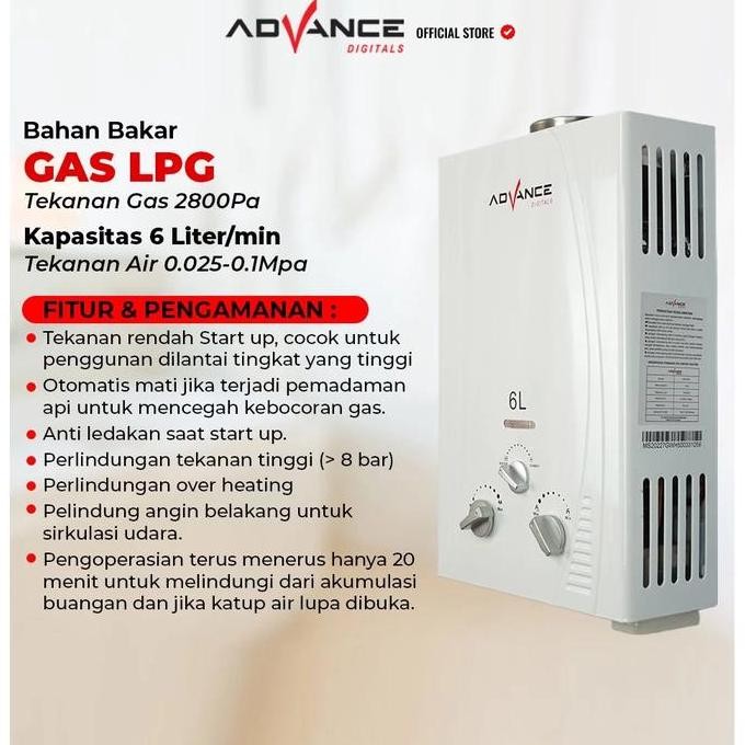 Promo Advance Gwh50 Water Heater Gas / Pemanas Air Panas Kamar Mandi - Bonus Kepala Shower & Selang 