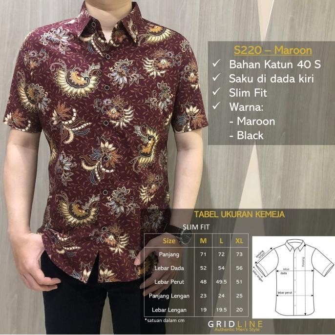[GRIDLINE - S220 BLACK& MAROON] KEMEJA BATIK SLIMFIT PRIA KATUN SIMPEL TERMURAH