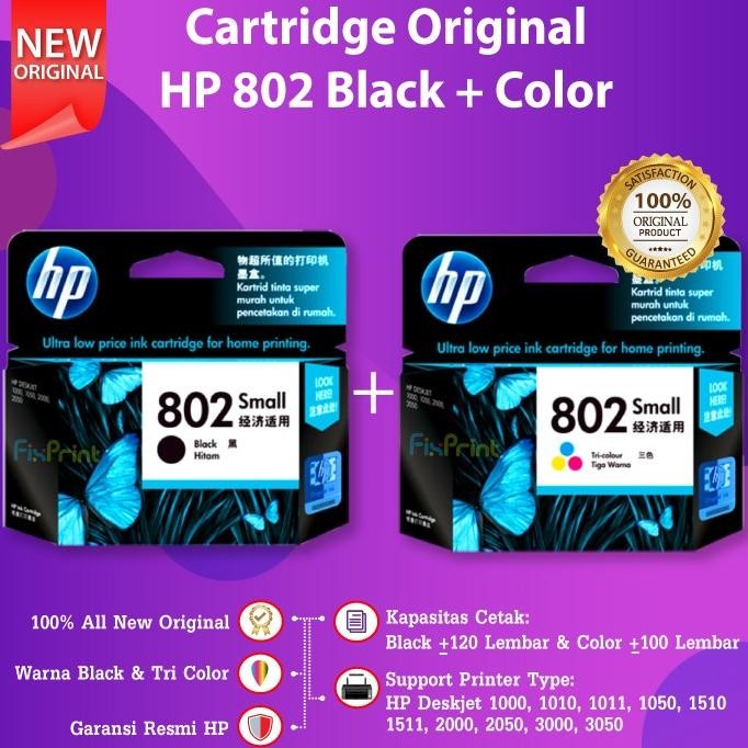 ready SET Cartridge HP 802 Black Color Tinta Printer Deskjet 2050 3050 1010