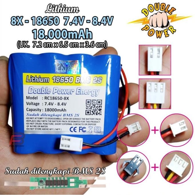Terlaris Baterai Lithium 18650 7.4V - 8.4V 10000Mah, Batre Speaker,Soket Molex Vh,Ph,Xh, Hitam 2 Pin