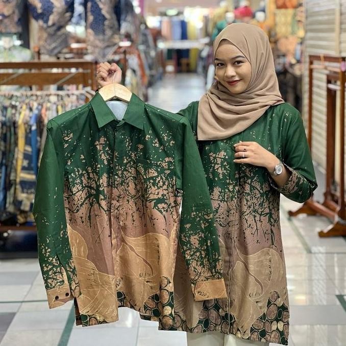 Ready BATIK TUNIK WANITA COUPLE BAHAN KATUN SOLO PREMIUM MOTIF TULIP HIJAU BOTOL