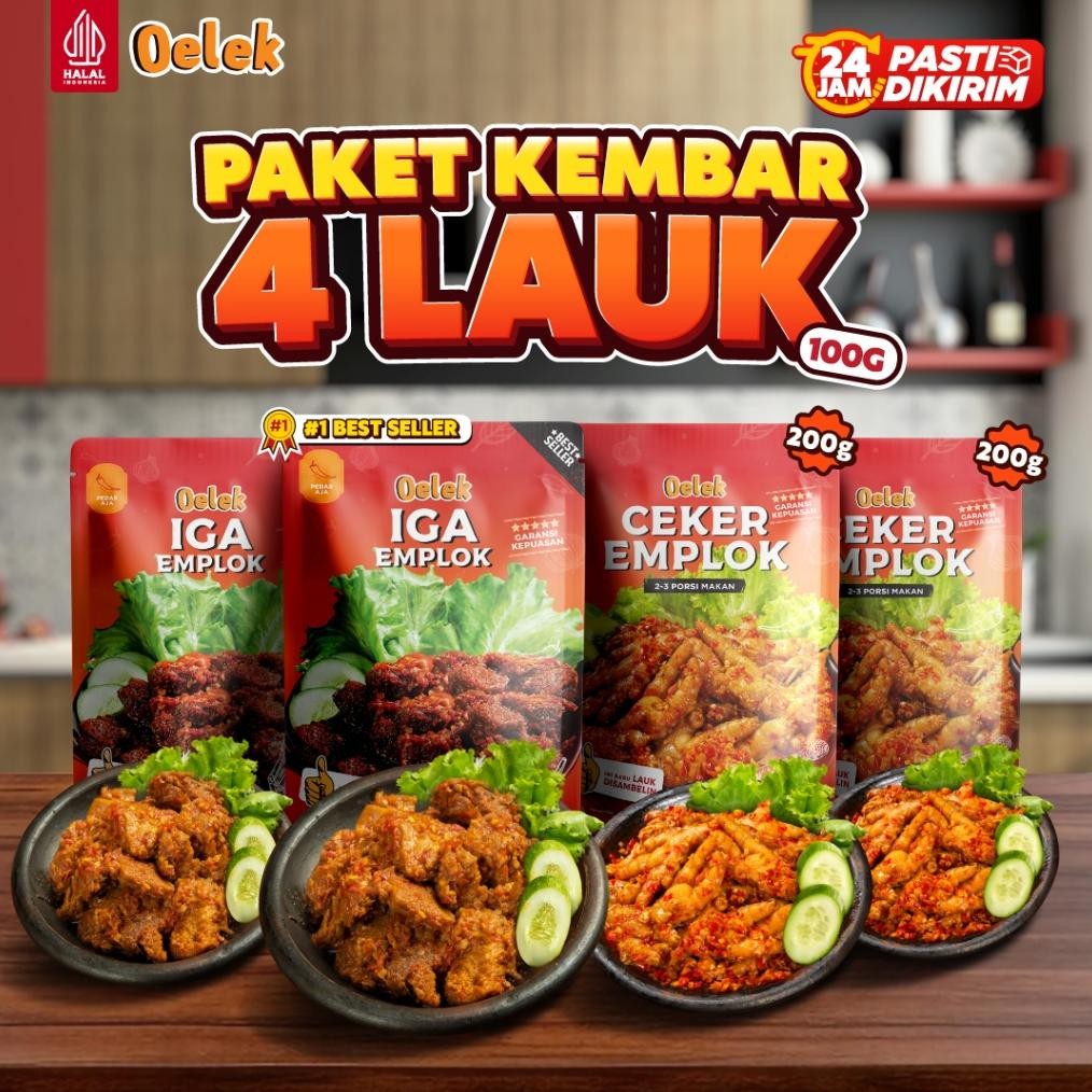 

TERMURAH Oelek Paket Kembar 4 Lauk 100gr / Lauk Siap Saji / Iga Emplok / Ceker Emplok / Cumi Cabe Ijo / Ayam Kecombrang Siap kirim