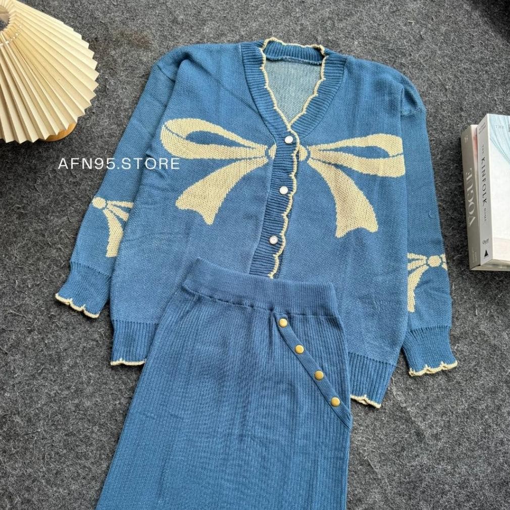 TY69 TC21 Set Baju Rajut Yolanda Motif Pita - ONESET Rok + Kulot Cardigan - Panjang Termurah Sale