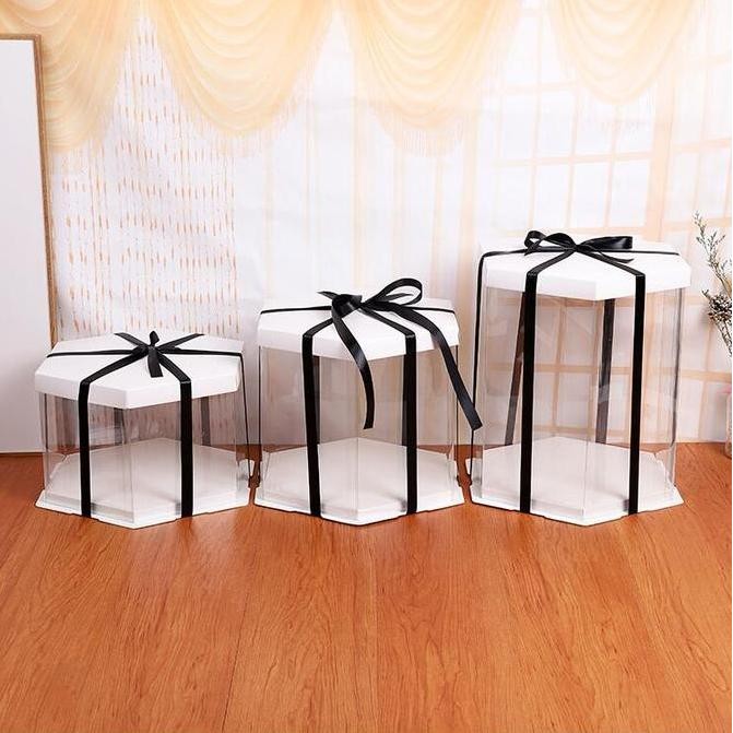 

Diskon! Kotak Kue / Hadiah / Cakebox / Giftbox Hexagon / Segi Enam Transparan Mika Bening 30 Cm Flower Cake Box