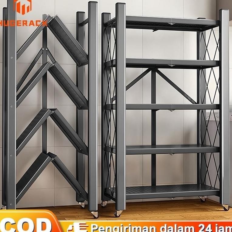 Rak Lipat Besi Rak Besi 5 Susun Rak Lipat Portable Rak Dapur Lipat Rak Roda Rak Penyimpanan Serbagun