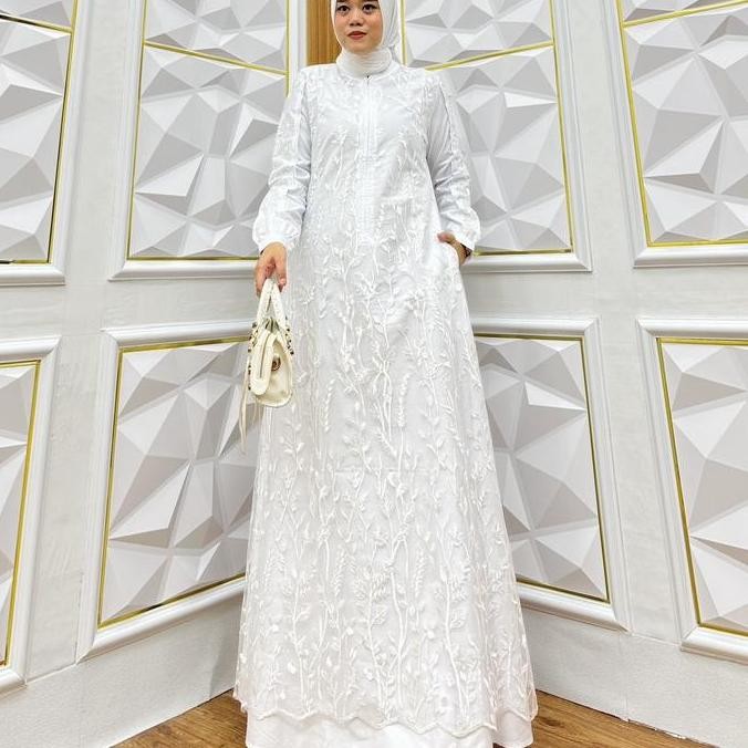 ABAYA MAXY PUTIH / ABAYA KOMBINASI BORKAT Polos Bunga Putih Polos ceruty gamis muslim  mewah Motif T