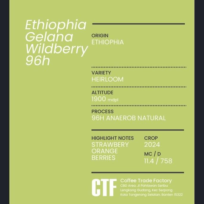 

ready stock Green Beans Arabika Ethiophia Yirgacheffe Gelana Wildberry 96h Anaerobic Natural Sun-Dried / Coffee Trade Factory CTF / Green Bean Arabica ethiopia etiopia Biji kopi mentah proses fermentasi anaerob premium berkualitas greenbean specialty