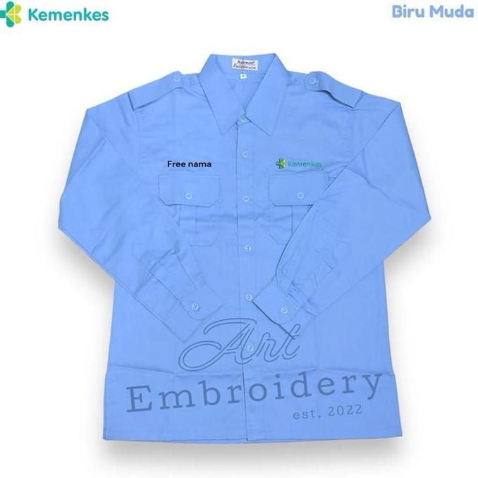 Kemeja Seragam Kemenkes Ri Warna Biru Muda Pria-Wanita  Bahan American Drill Lengan Panjang-Pendek B